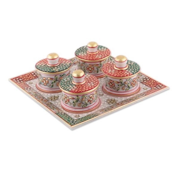 Alternate image for Jaipur Floral Green and Red 5-Piece Marble Tray and Bowl Set Jaipur Arcadia