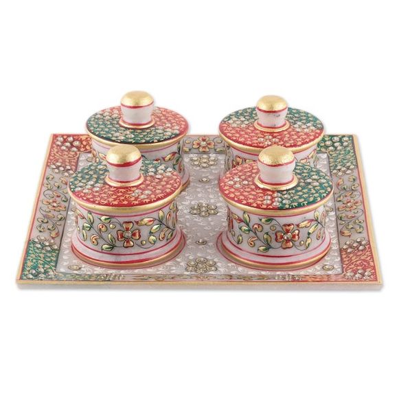 Alternate image for Jaipur Floral Green and Red 5-Piece Marble Tray and Bowl Set Jaipur Arcadia