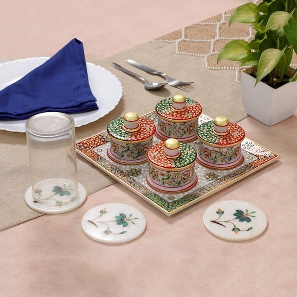 Alternate image for Jaipur Floral Green and Red 5-Piece Marble Tray and Bowl Set Jaipur Arcadia