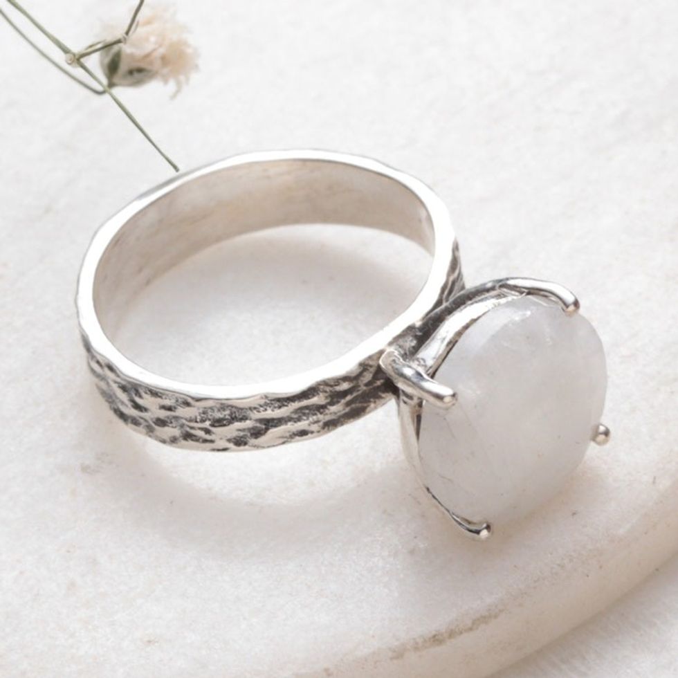 Natural Six-Carat Rainbow Moonstone Solitaire Ring 'Ethereal Dazzle'