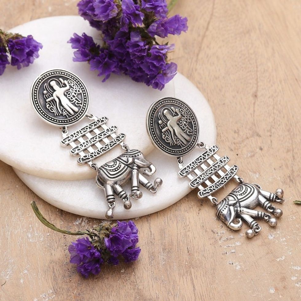 Traditional Indian Sterling Silver Dangle Earrings 'Tribal Flare'