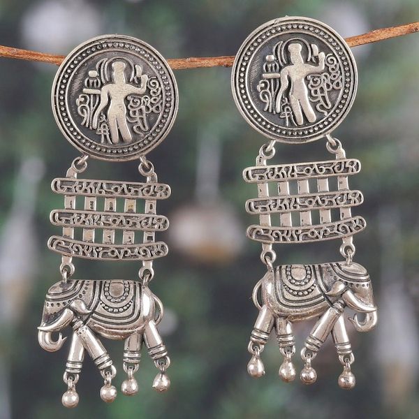 Alternate image for Traditional Indian Sterling Silver Dangle Earrings Tribal Flare