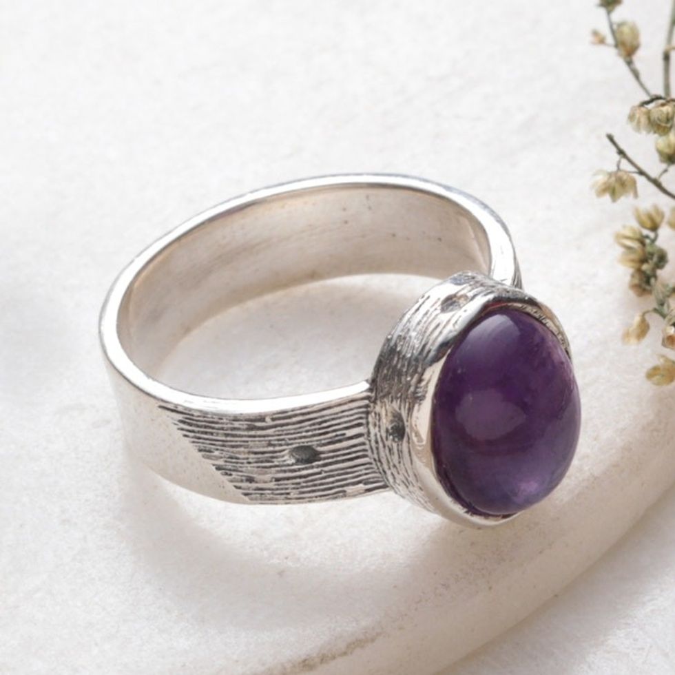 Sterling Silver Single Stone Ring with Amethyst Cabochon 'Violet Elegance'