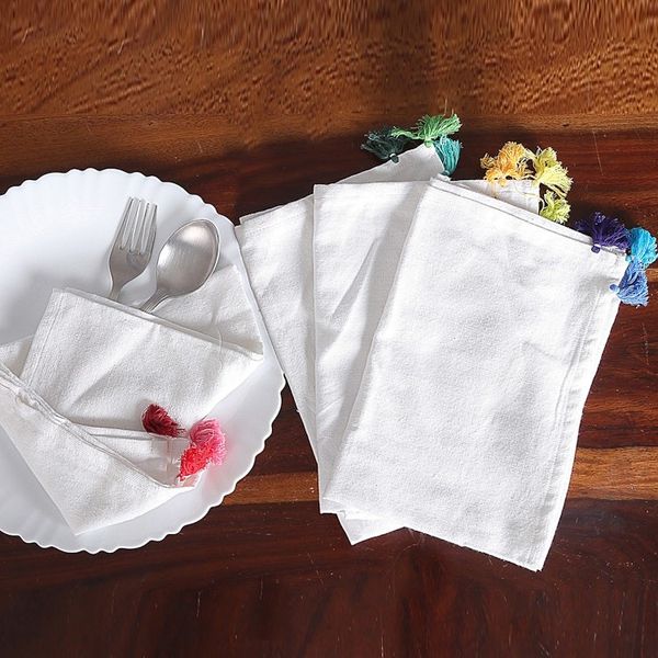 Alternate image for Set of 4 Handwoven Cotton Napkins with Colorful Tassels Tassel Meals