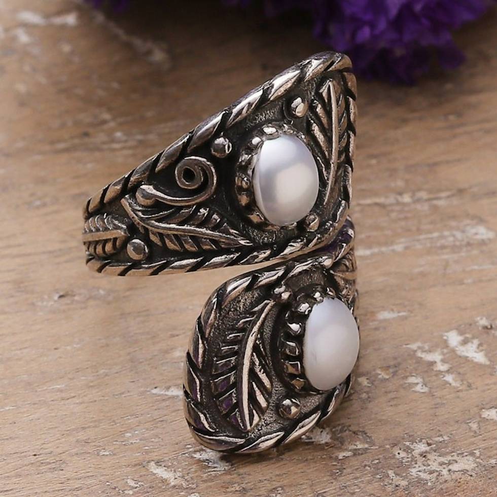 Classic Leafy and Floral Cream Cultured Pearl Wrap Ring 'Call from the Ocean'