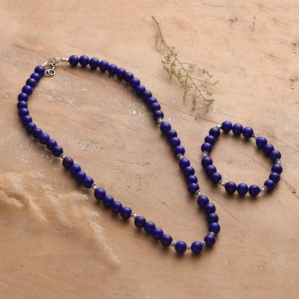 Lapis Lazuli Beaded Necklace and Bracelet Jewelry Set 'Beads of Intellect'