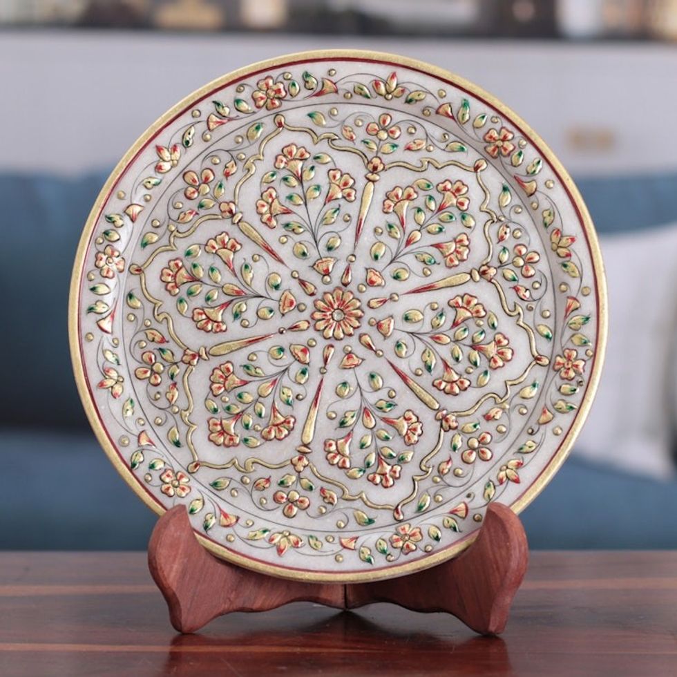 Traditional Floral and Leafy Marble Decorative Plate 'Blooming Celebration'