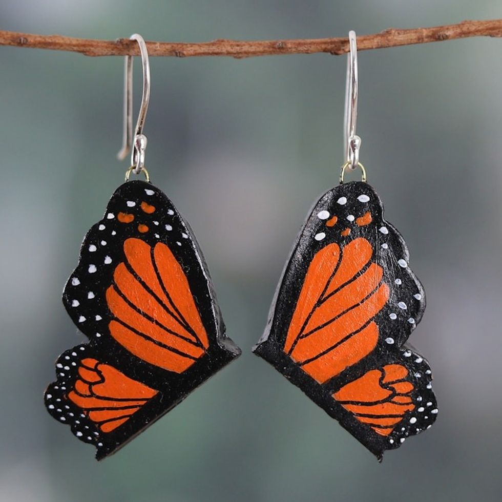 Monarch Butterfly-Shaped Ceramic Dangle Earrings from India 'Monarch Dream'