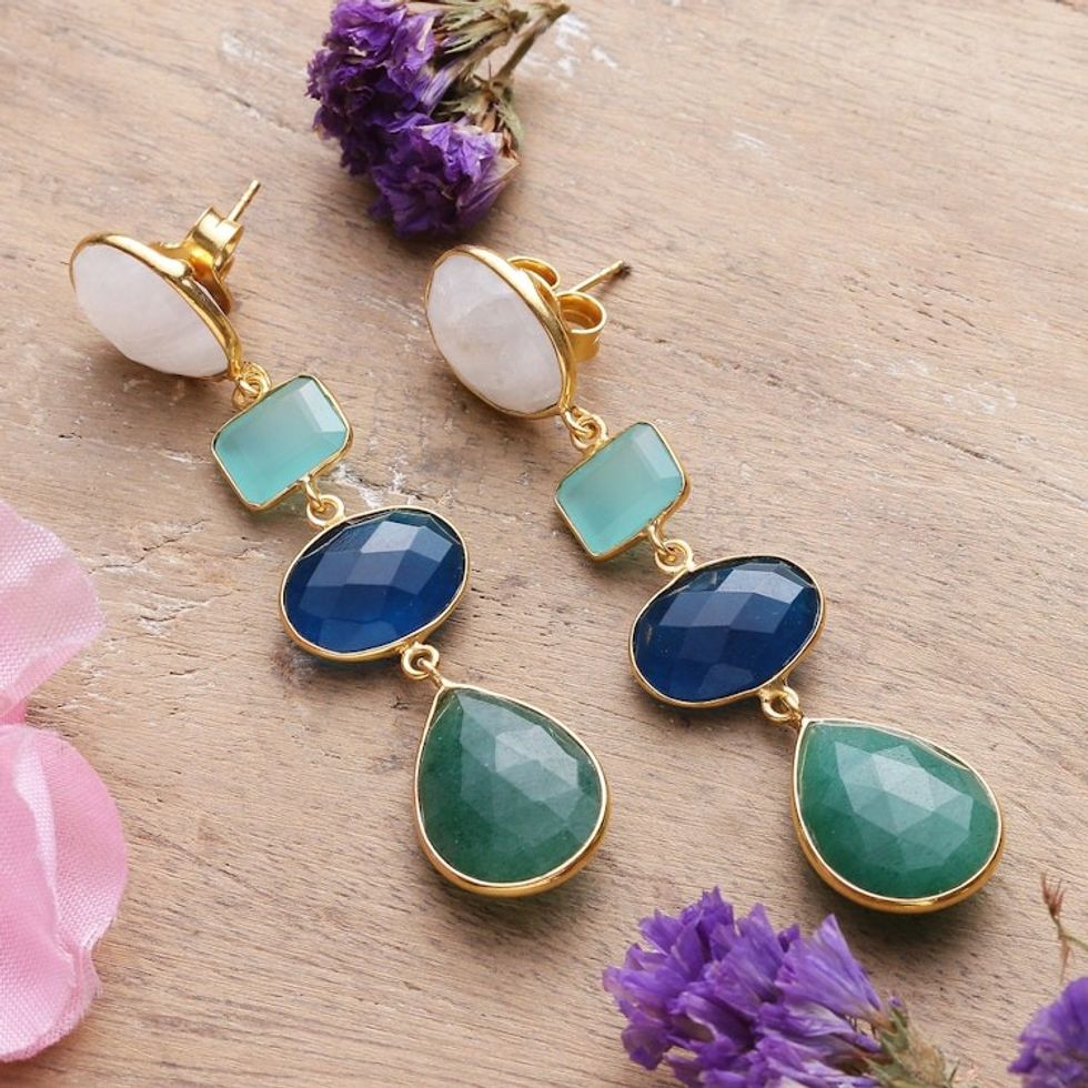 18k Gold-Plated 63-Carat Multi-Gemstone Dangle Earrings 'Dazzling Quartet'
