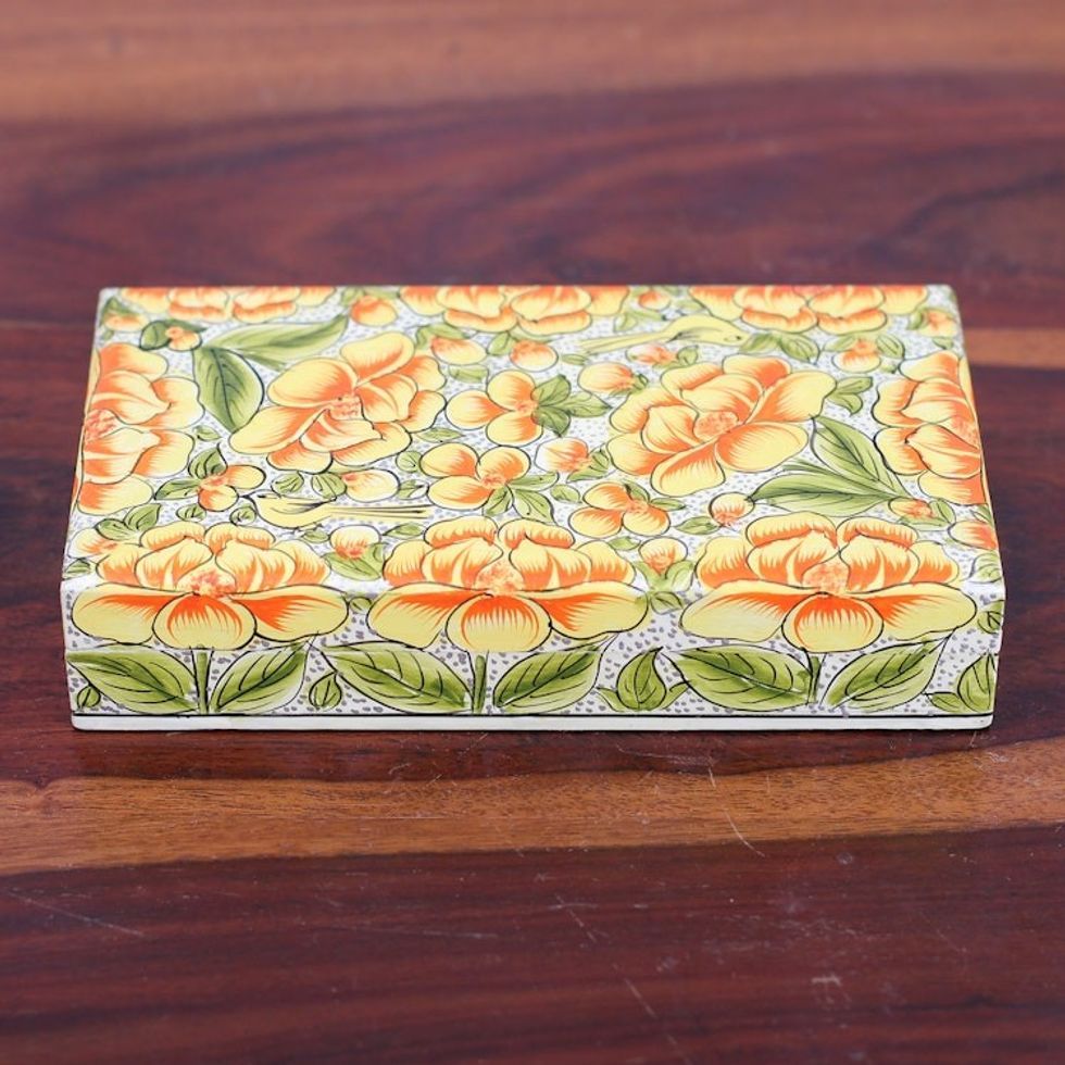 Yellow Papier Mache on Wood Floral Leaf Bird Decorative Box 'Blooming Kashmir in Yellow'