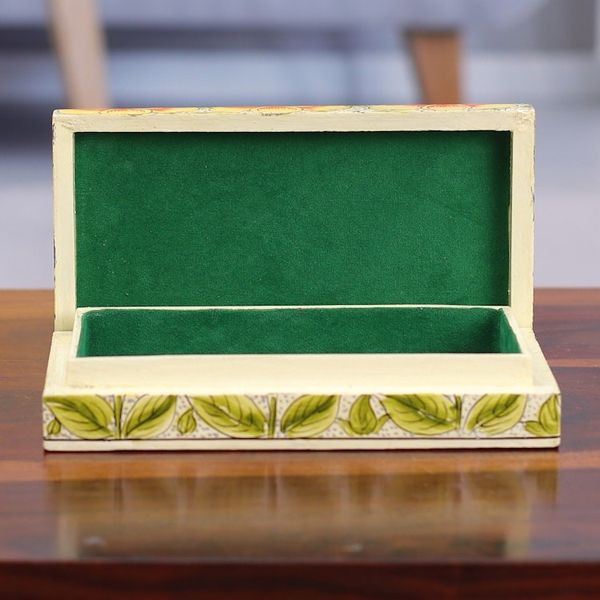 Alternate image for Yellow Papier Mache on Wood Floral Leaf Bird Decorative Box Blooming Kashmir in Yellow