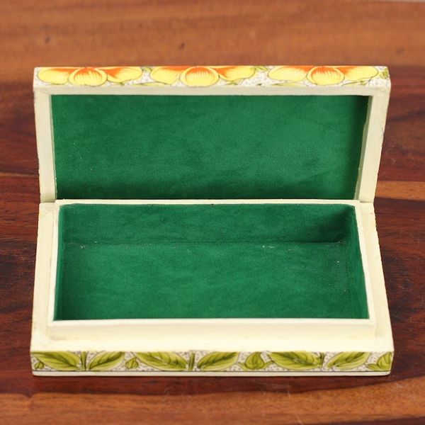 Alternate image for Yellow Papier Mache on Wood Floral Leaf Bird Decorative Box Blooming Kashmir in Yellow