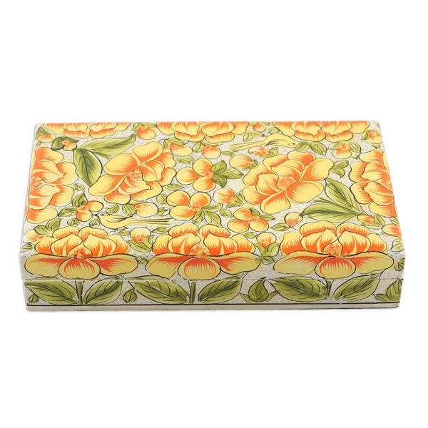 Alternate image for Yellow Papier Mache on Wood Floral Leaf Bird Decorative Box Blooming Kashmir in Yellow