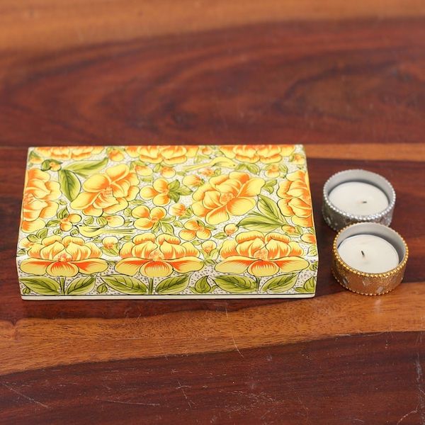 Alternate image for Yellow Papier Mache on Wood Floral Leaf Bird Decorative Box Blooming Kashmir in Yellow
