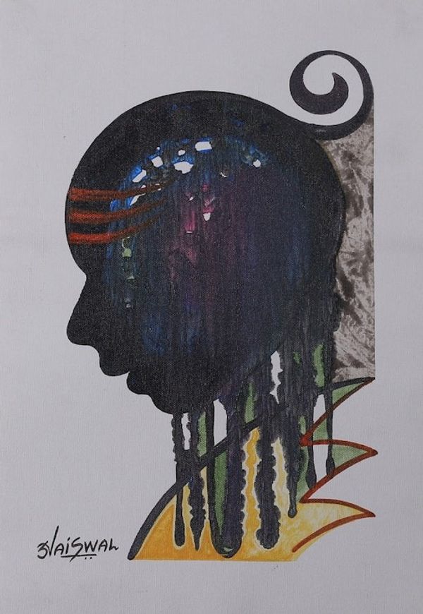 Alternate image for Signed Expressionist Blue and Yellow Acrylic Painting Sadhak