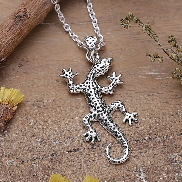Alternate image for Polished Lizard-Shaped Sterling Silver Pendant Necklace Speckled Lizard