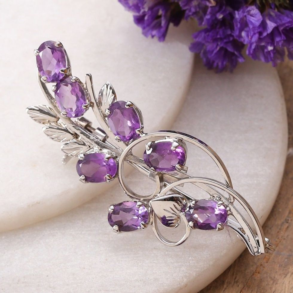 3-Carat Amethyst and Sterling Silver Floral Brooch Pin 'Floral Wisdom'