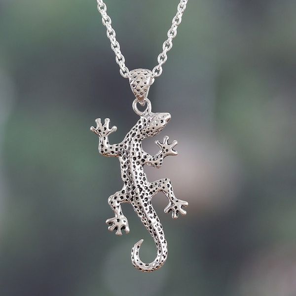 Alternate image for Polished Lizard-Shaped Sterling Silver Pendant Necklace Speckled Lizard