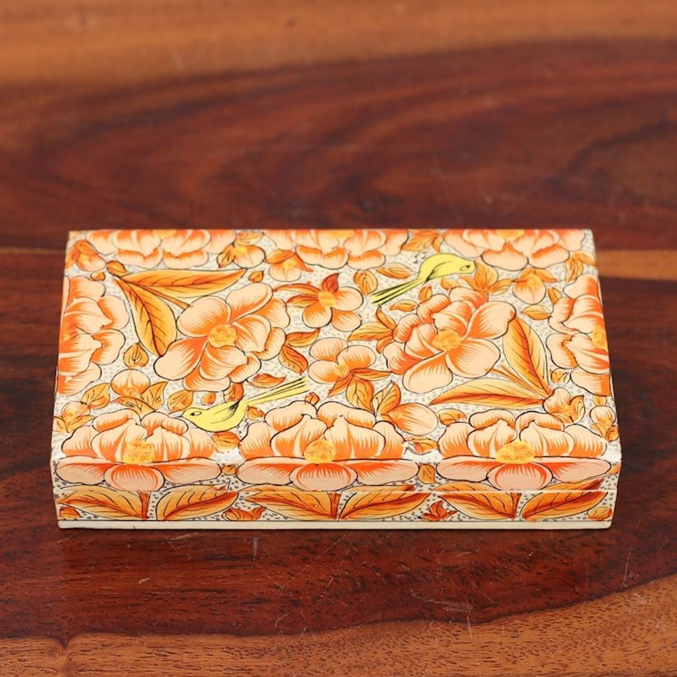 Orange Papier Mache on Wood Floral Leaf Bird Decorative Box 'Blooming Kashmir in Orange'