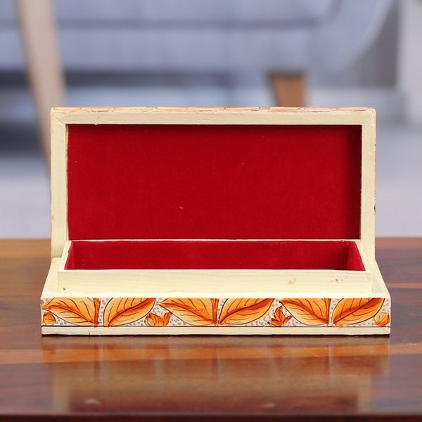 Alternate image for Orange Papier Mache on Wood Floral Leaf Bird Decorative Box Blooming Kashmir in Orange