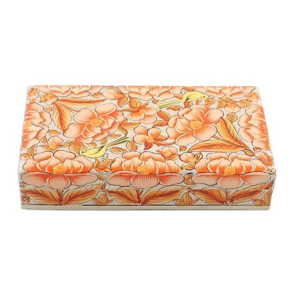 Alternate image for Orange Papier Mache on Wood Floral Leaf Bird Decorative Box Blooming Kashmir in Orange