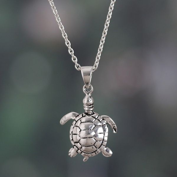 Alternate image for Polished Turtle-Themed Sterling Silver Pendant Necklace Turtles Peace