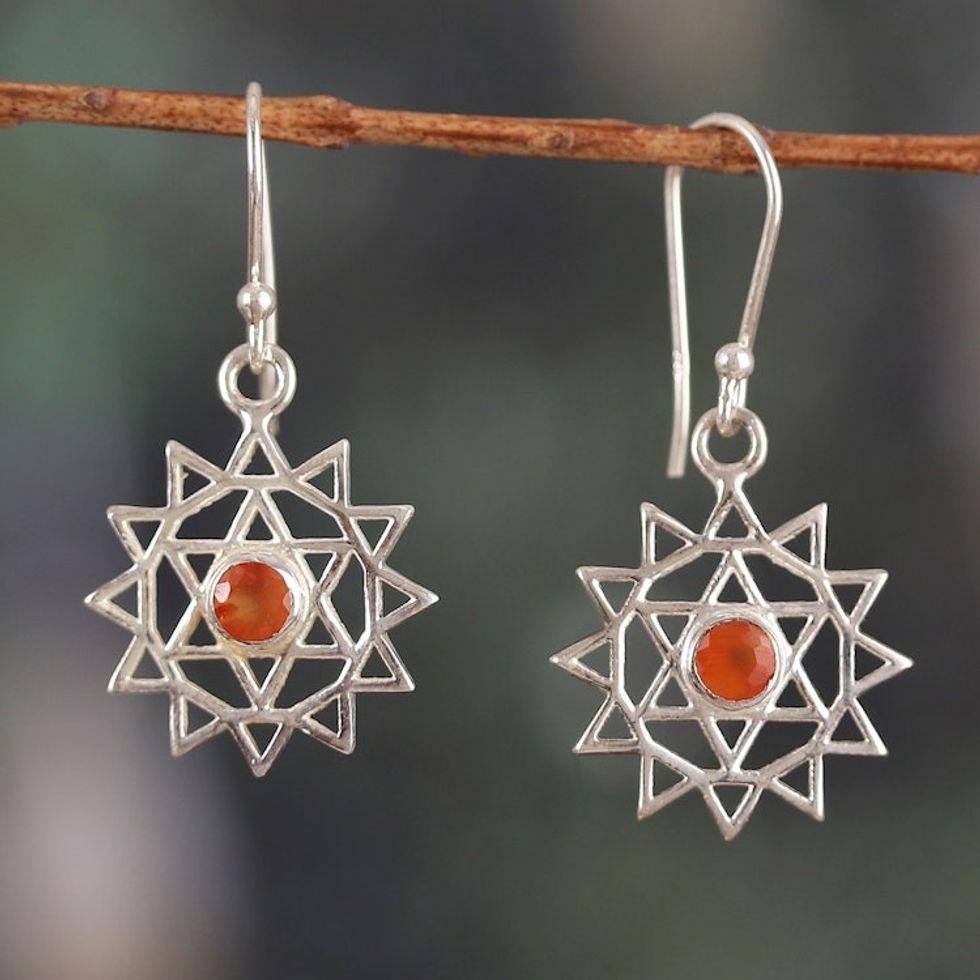 Heart Chakra-Shaped Faceted Carnelian Dangle Earrings 'Fiery Chakra'