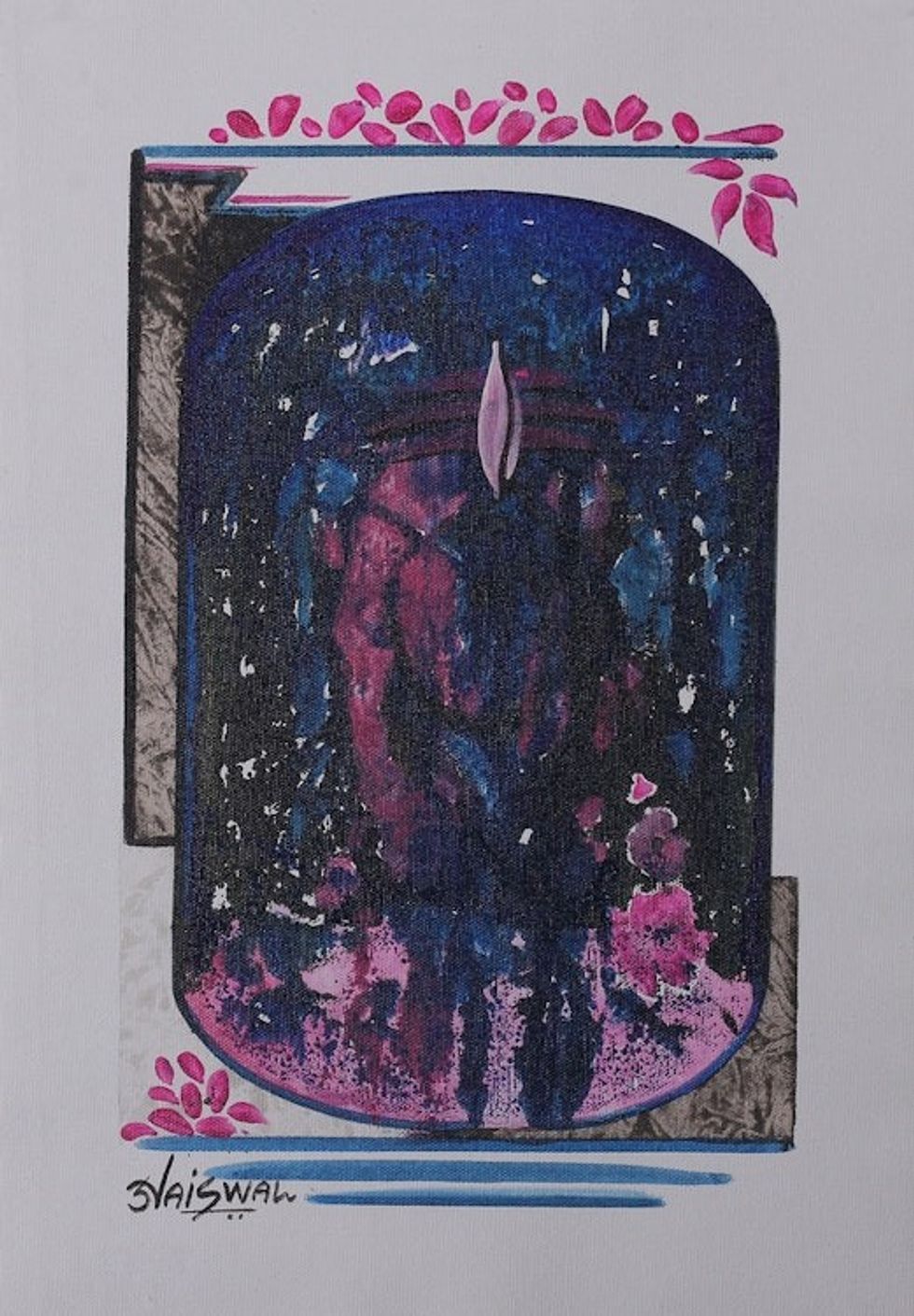 Signed Expressionist Blue and Pink Acrylic Somnath Painting 'Somnath'