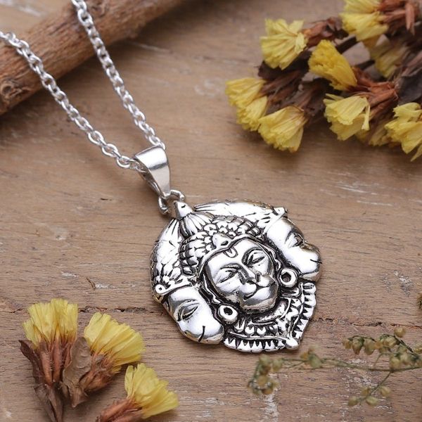 Alternate image for Traditional Sterling Silver Hanuman Pendant Necklace Trimukhi Hanuman
