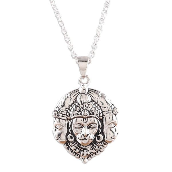 Alternate image for Traditional Sterling Silver Hanuman Pendant Necklace Trimukhi Hanuman
