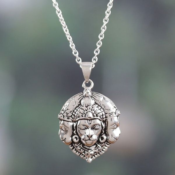 Alternate image for Traditional Sterling Silver Hanuman Pendant Necklace Trimukhi Hanuman