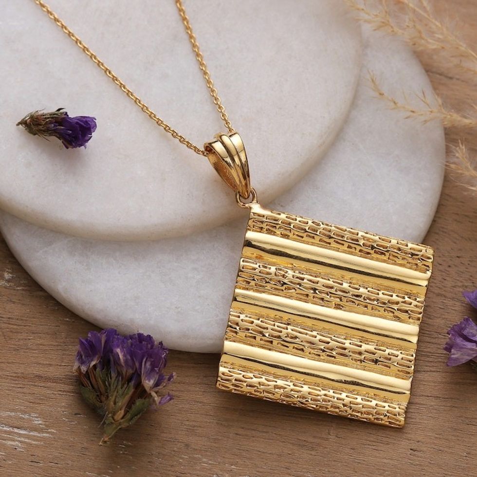 High-Polished Diamond-Shaped Brass Pendant Necklace 'Paths of Prosperity'