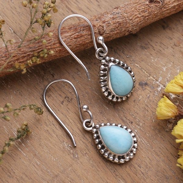 Alternate image for Sterling Silver and Larimar Drop Shaped Dangle Earrings Sky Dewdrops