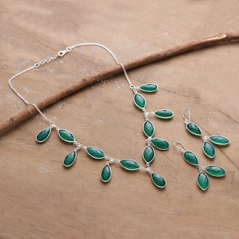 Sterling Silver Green Onyx Necklace and Earrings Jewelry Set 'Magical Glam in Green'