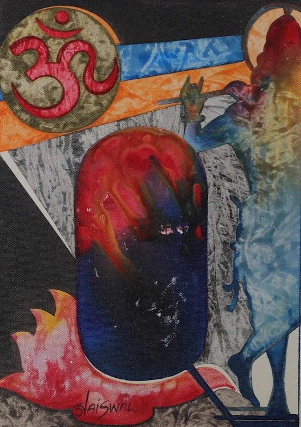 Signed Expressionist Vibrant Acrylic Tridev Painting 'Tridev'