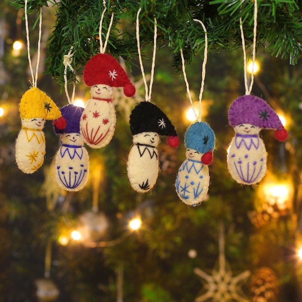 Set of 6 Handcrafted Whimsical Colorful Wool Felt Ornaments 'Snow Kids'