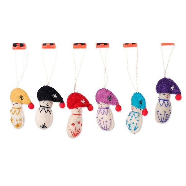 Alternate image for Set of 6 Handcrafted Whimsical Colorful Wool Felt Ornaments Snow Kids