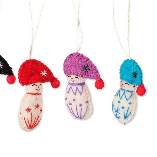 Alternate image for Set of 6 Handcrafted Whimsical Colorful Wool Felt Ornaments Snow Kids