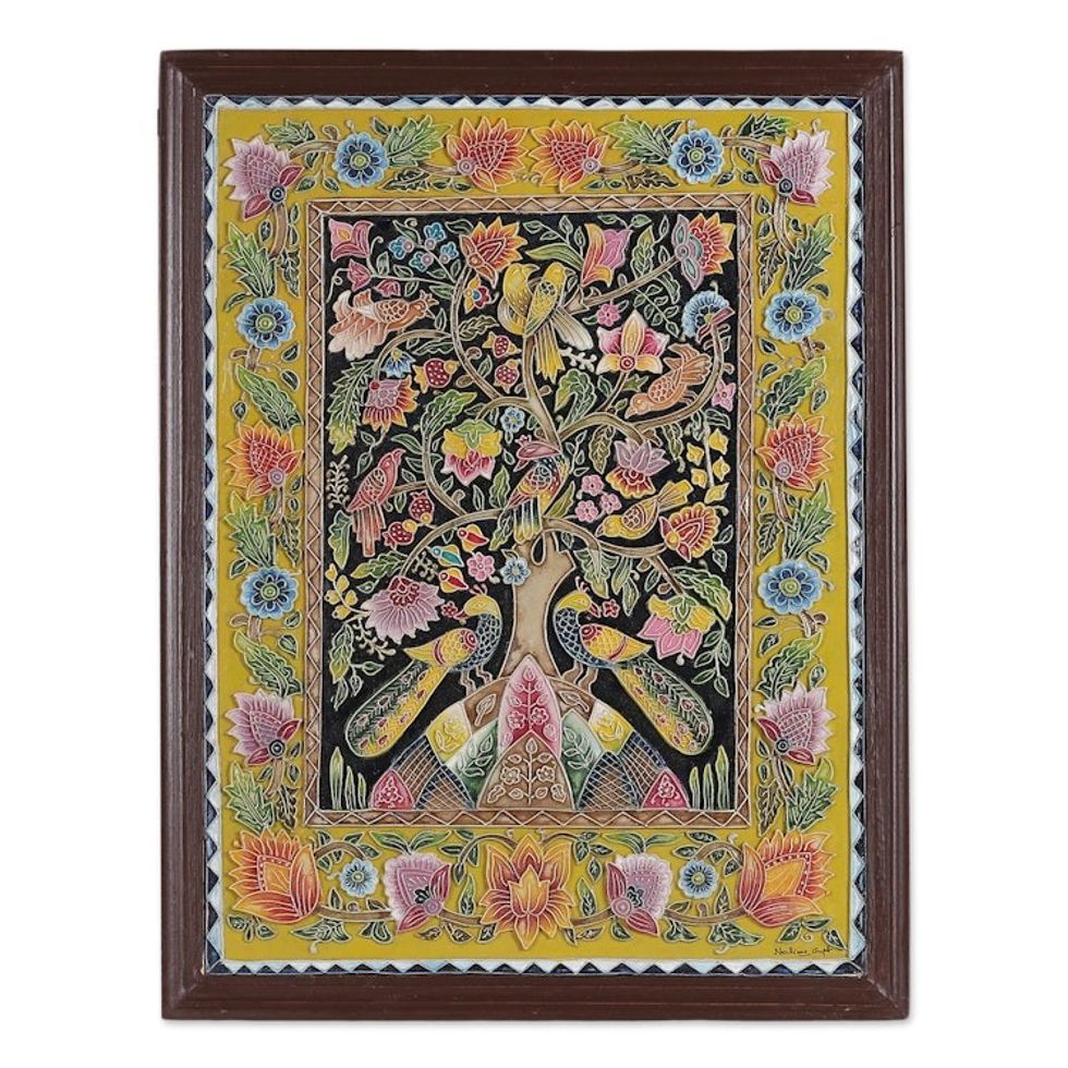 Nature-Themed Floral Handmade Marble Dust Relief Wall Art 'Tree Connection'