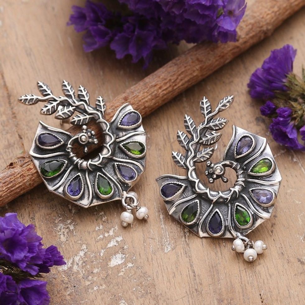 Peacock-Shaped Two-Carat Multi-Gemstone Dangle Earrings 'Peacock of Jewels'