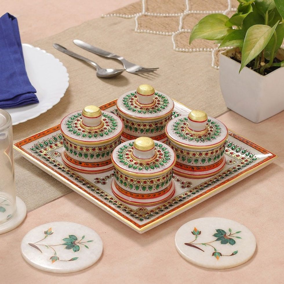 Green and Red Marble Tray and Covered Bowls 5 Pieces 'Gathering at the Palace'