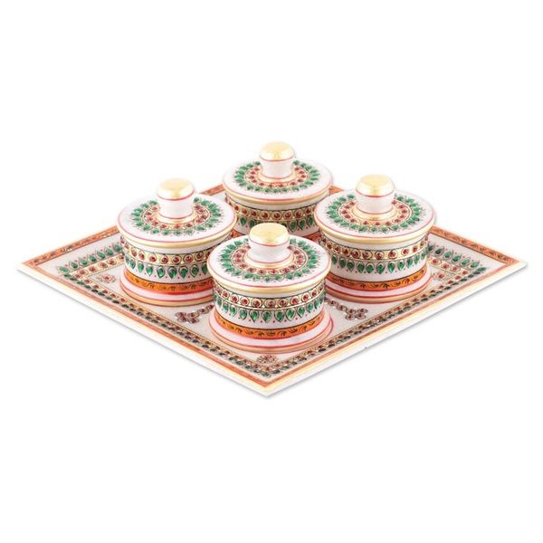Alternate image for Green and Red Marble Tray and Covered Bowls 5 Pieces Gathering at the Palace