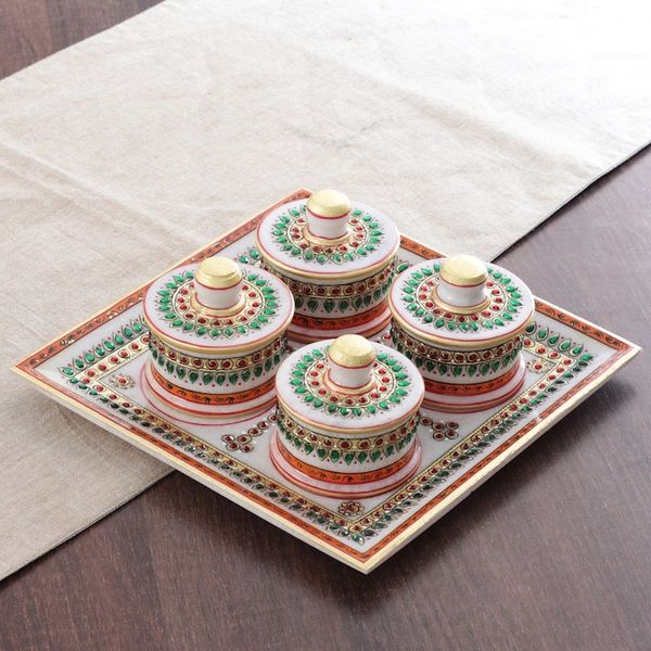 Alternate image for Green and Red Marble Tray and Covered Bowls 5 Pieces Gathering at the Palace