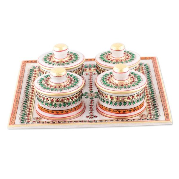 Alternate image for Green and Red Marble Tray and Covered Bowls 5 Pieces Gathering at the Palace