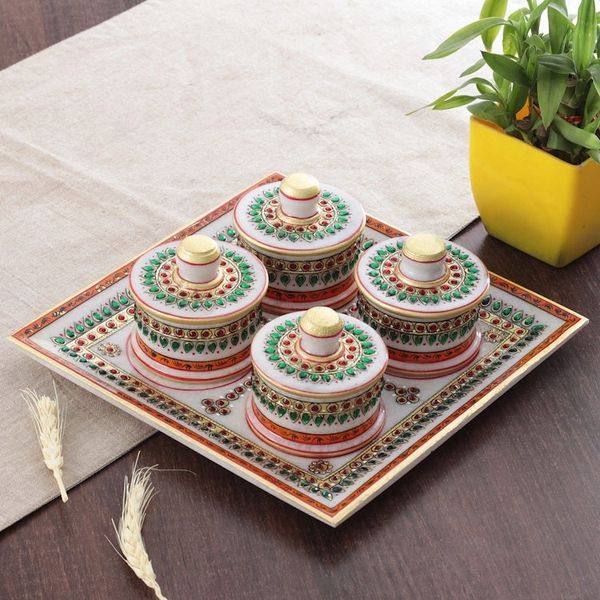 Alternate image for Green and Red Marble Tray and Covered Bowls 5 Pieces Gathering at the Palace