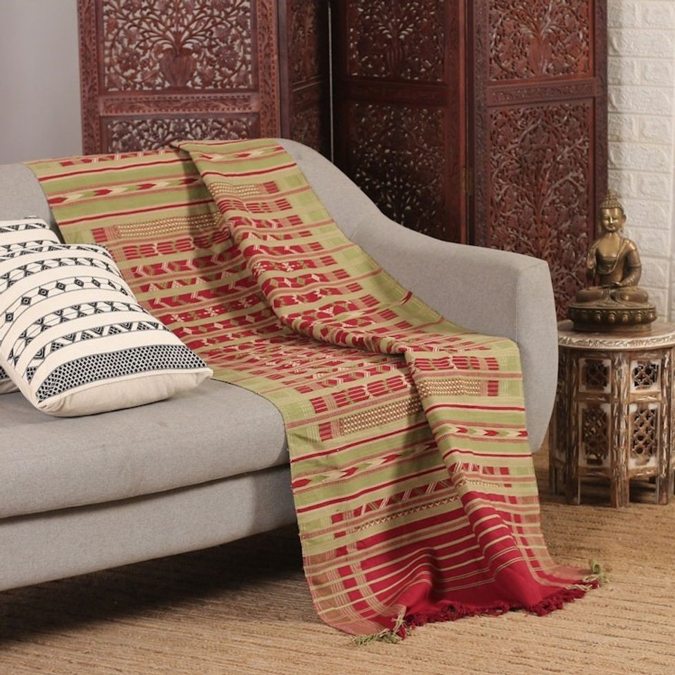 Handcrafted Cherry and Green Cotton Throw from India 'Jodhpur Glory'