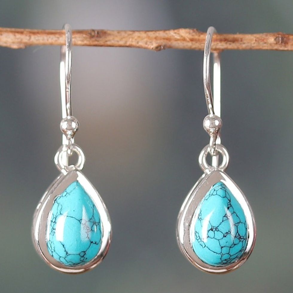 Polished Drop-Shaped Calcite Dangle Earrings from India 'Sky Droplets'
