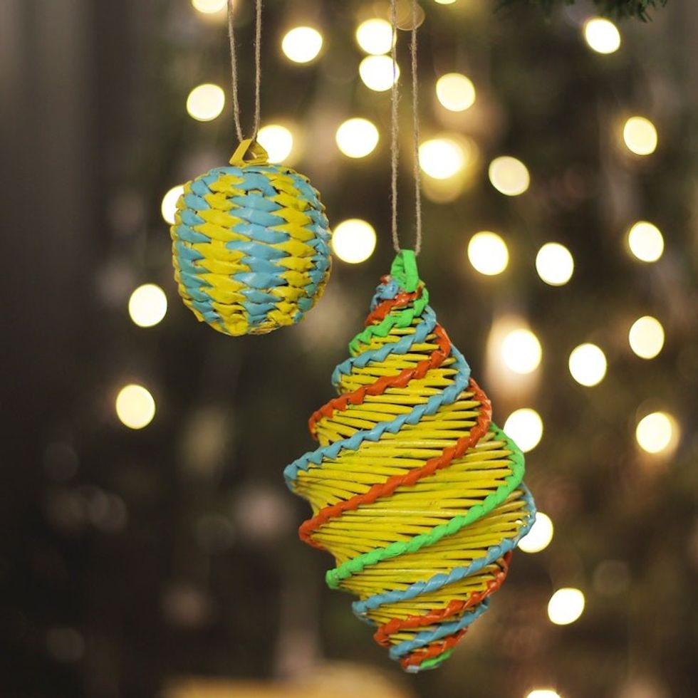 Eco-Friendly Painted Recycled Paper Ornaments Set of 2 'Christmas Spell'