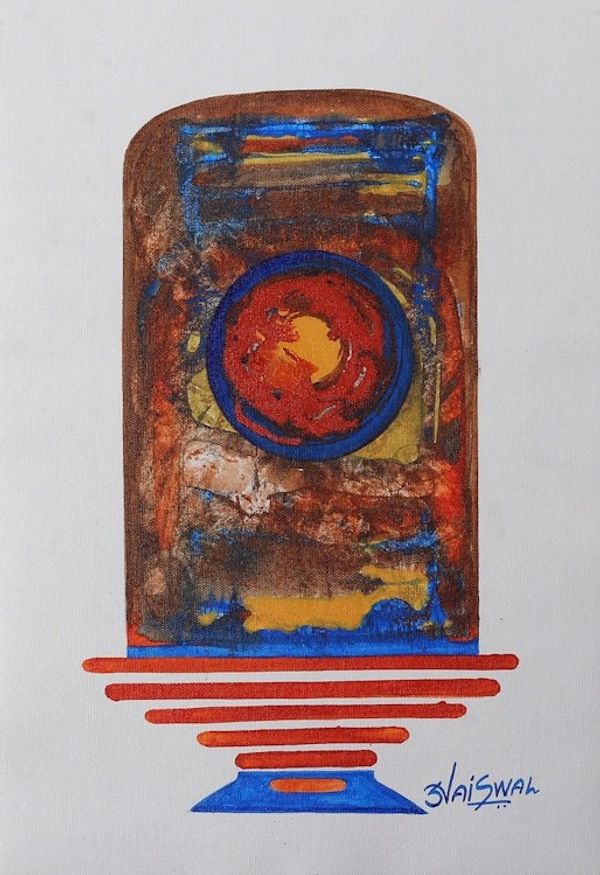 Alternate image for Signed Expressionist Red and Blue Acrylic Abstract Painting Sakti Kunj