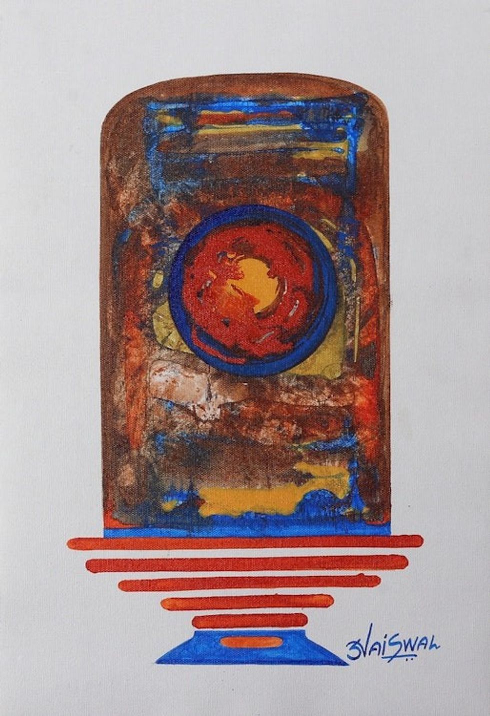 Signed Expressionist Red and Blue Acrylic Abstract Painting 'Sakti Kunj'